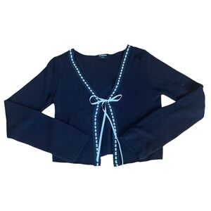 The Workshop Black Knit Tie Front Cropped Cardigan Lace Trim S